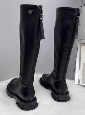 香港真皮不过膝长筒靴女2025秋冬新爆款加绒厚底显瘦高筒骑士靴子