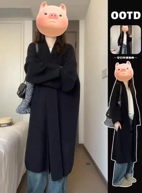 日系慵懒风休闲高级感黑色毛衣外套女秋冬季新款长款穿搭针织开衫