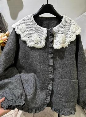 LILY MOST设计感蕾丝娃娃领灰色毛呢羽绒女2025冬季新款甜美外套