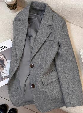 LILY MOST灰色人字纹毛呢西装外套女2025新款秋冬季通勤休闲上衣