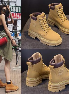 ins潮大黄靴女马丁靴2025年春秋新款靴子厚底内增高冬季加绒短靴