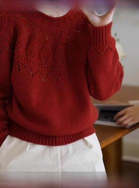Rouje tusse秋冬款过年红羊绒毛衣女软糯卷边圆领套头羊毛针织衫