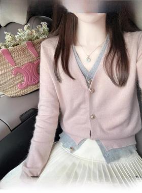 Rouje tusse假两件羊毛针织开衫女秋冬季小香风毛衣外套羊绒上衣