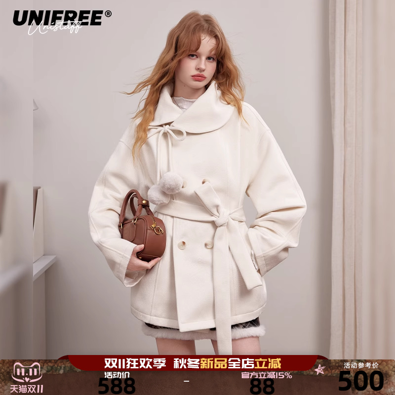 UNIFREE白色高智千金风毛呢外套