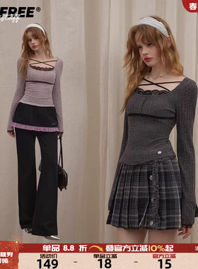UNIFREE美式辣妹针织长袖T恤25年秋款蕾丝拼接纯欲修身显瘦打底衫