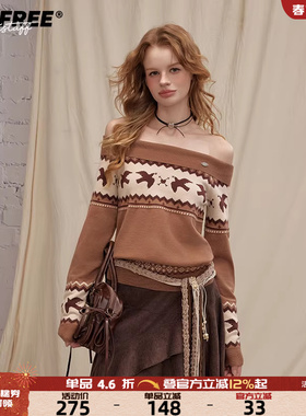 UNIFREE波嬉风一字肩长袖毛衣费尔岛提花新款百搭显瘦时尚针织衫