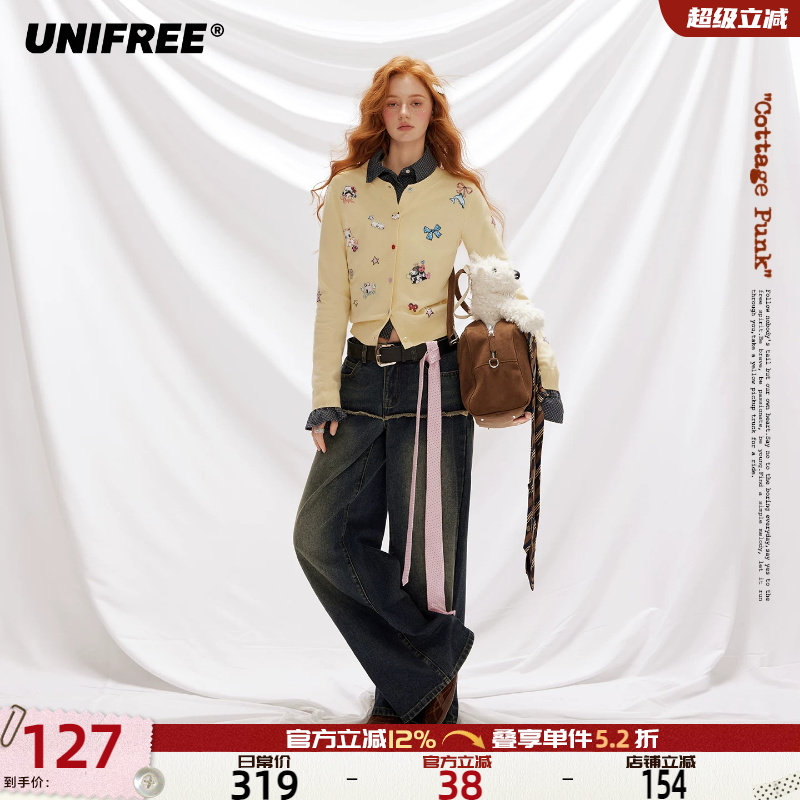 【插画师联名】UNIFREE毛针织衫女秋季新款动物印花显瘦长袖上衣