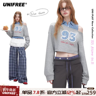 背心叠穿撞色两件套装 式 卫衣25年秋衬衫 UNIFREE灰色斜肩辣妹长袖
