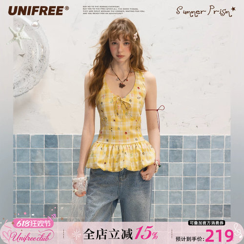 UNIFREE黄色格纹挂脖吊带背心