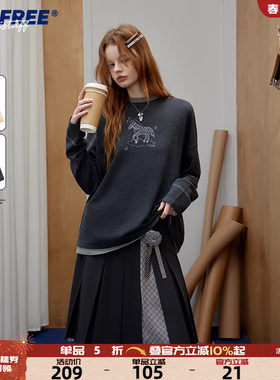 UNIFREE简约萌系毛针衫织女25秋季新款透气猫咪印花套头长袖上衣