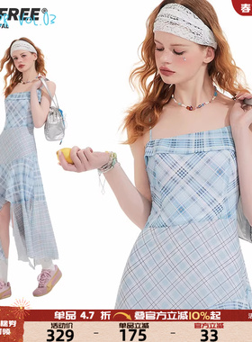 UNIFREE蓝色雪纺格纹吊带裙女欧若风拼接不规则收腰高级感连衣裙