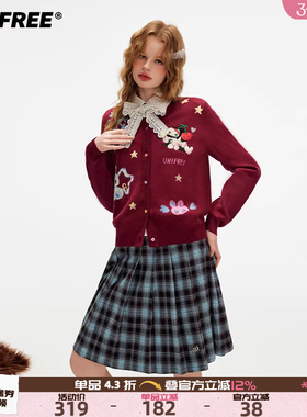 UNIFREE小香风毛针织衫红色少女动漫风休闲穿搭逛街修身柔软开衫