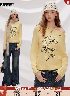 UNIFREE黄色一字肩针织衫秋季长袖字母提花宽松显瘦别致毛衣上衣
