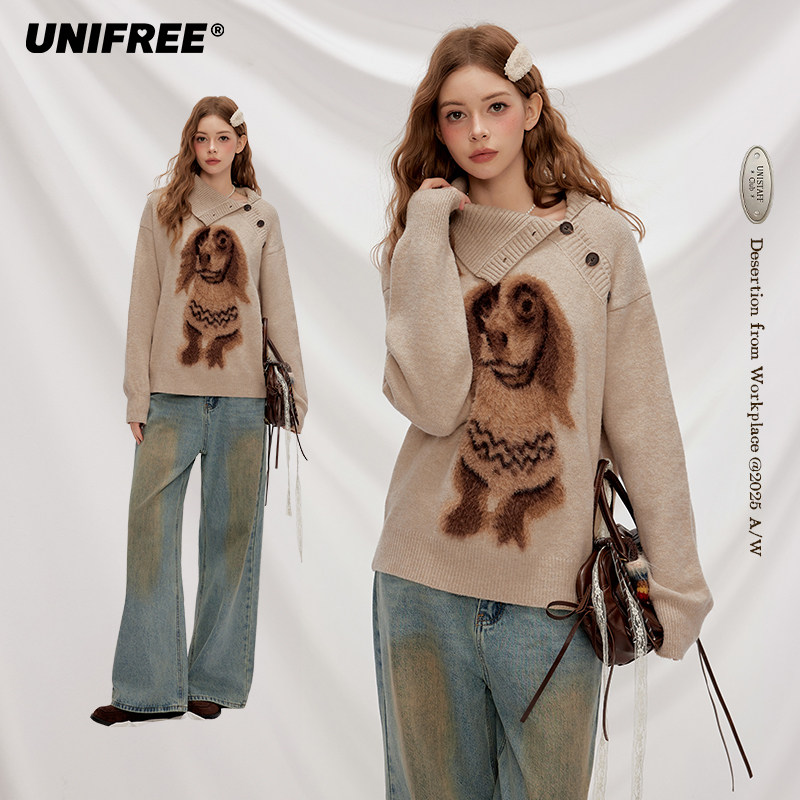 【昕怡专属】UNIFREE翻领套头毛衣小狗提花U253K658B1B1
