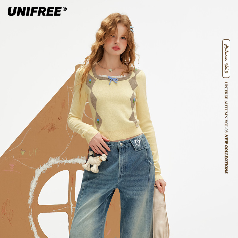 【昕怡专属】UNIFREE黄色方领长袖针织衫U253K535E1E1