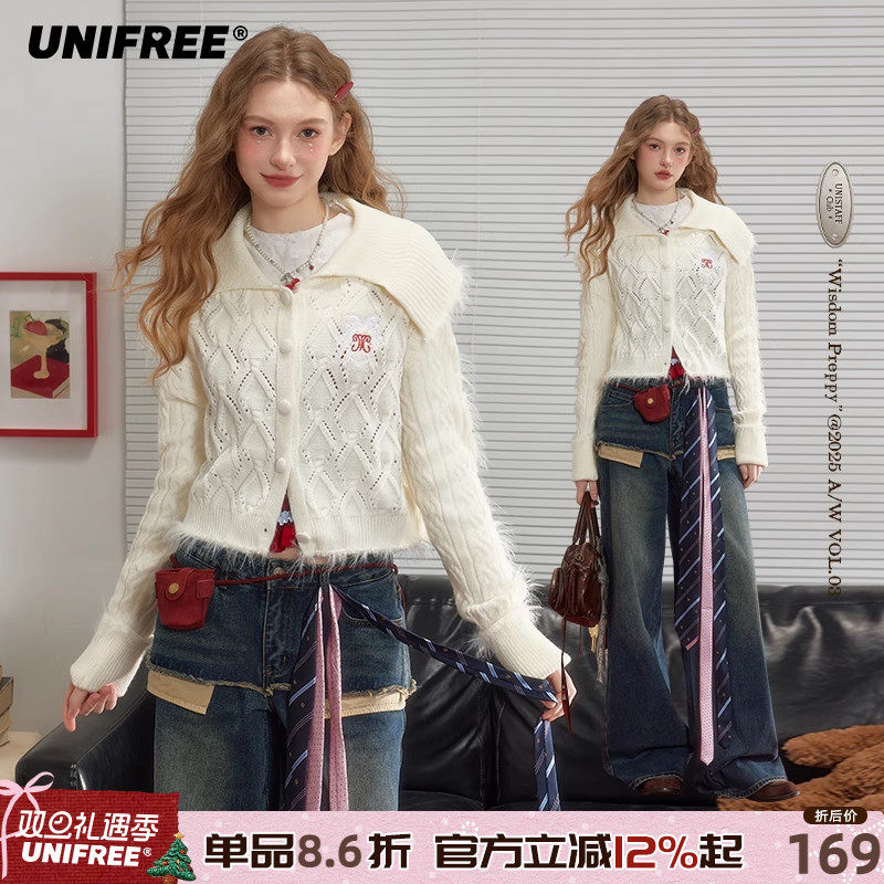 UNIFREE白色大翻领针织衫