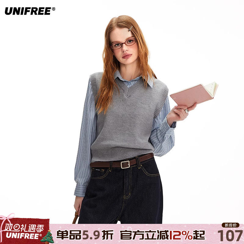 UNIFREE假两件拼接针织衫