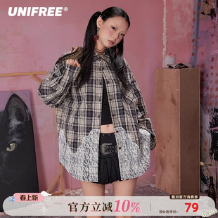 UNIFREE美式格子衬衫女Polo领蕾丝拼接撞色洋气重工宽松显瘦衬衣