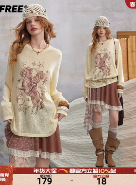 UNIFREE黄色圆领长袖T恤26年春小马印花新款宽松薄款慵懒百搭上衣