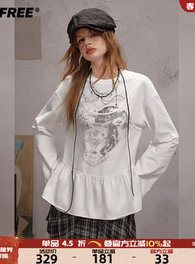 UNIFREE美式白色长袖T恤女秋季新款印花假两件花边宽松设计感上衣