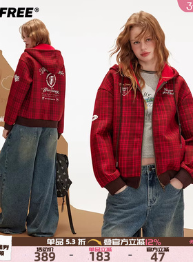 UNIFREE红色美式格纹连帽外套复古秋冬款摇粒绒宽松保暖运动上衣