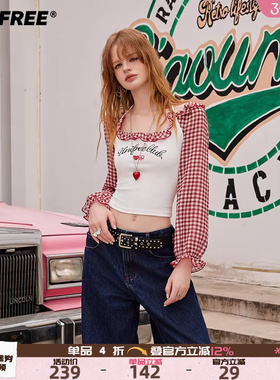 【25年夏】UNIFREE假两件红色格纹长袖T恤拼接撞色挂脖木耳边上衣