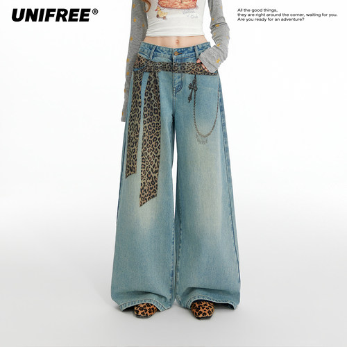【昕怡粉丝专享】UNIFREE豹纹链条印花牛仔裤女U263P033V1W1