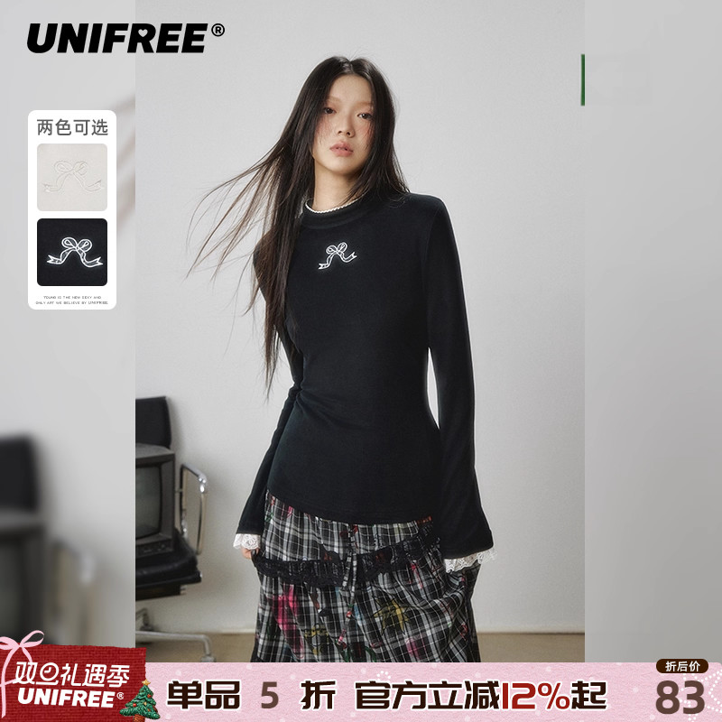 UNIFREE长袖甜美蝴蝶结T恤