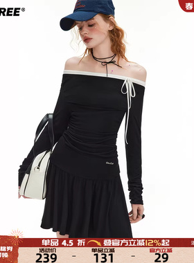 UNIFREE黑色一字肩长袖针织连衣裙性感辣妹收腰显瘦两穿包臀裙子