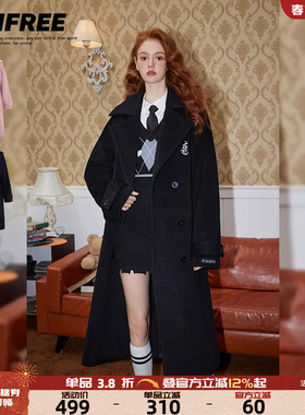 UNIFREE复古学院风毛呢大衣新款时尚双排扣宽松直筒保暖百搭外套