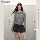 新款 UNIFREE韩系学院风针织衫 春季 格纹拼接显瘦印花通勤时髦上衣