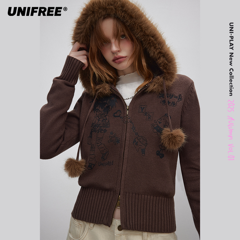 【插画师联名】UNIFREE美拉德连帽针织衫秋新款拉链毛领开衫外套