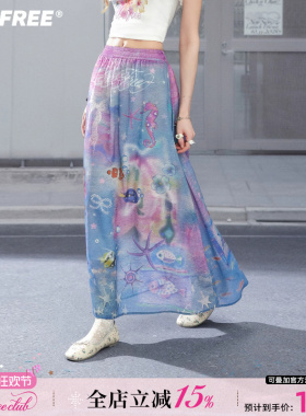 UNIFREE紫色卡通印花半身裙女夏季新款雪纺宽松海边度假风中长裙