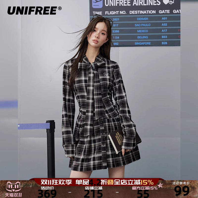 UNIFREE黑色格纹长袖连衣裙蝴蝶结绑带分割韩版学院风收腰显瘦裙