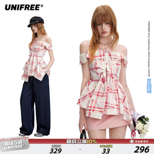 衬衫 UNIFREE红色格纹短袖 女吊带一字领韩系甜美绑带收腰洋气上衣