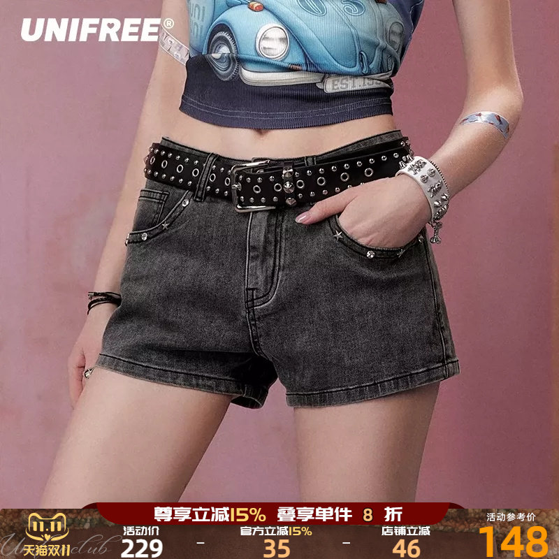 UNIFREE新款水洗牛仔短裤女黑灰色做旧复古低腰辣妹百搭显瘦热裤