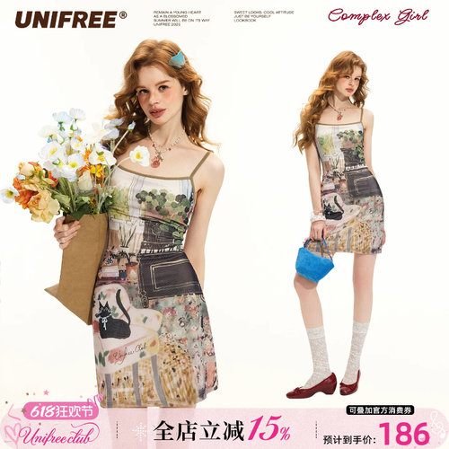 UNIFREE小猫印花网纱连衣裙
