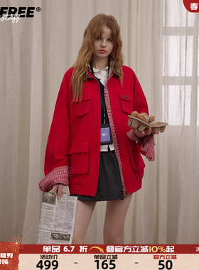 红色工装外套女25年秋款巴恩风美式宽松复古休闲百搭夹克
