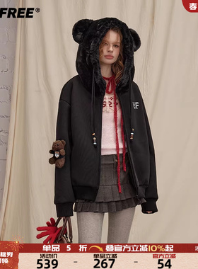 UNIFREE黑色连帽卫衣外套毛绒拼接加厚冬季新款独特保暖棉衣棉服