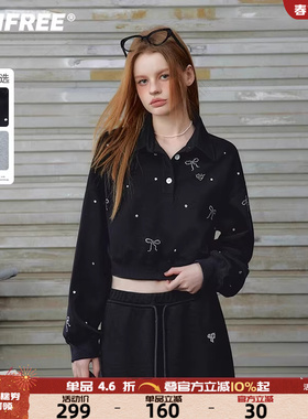 UNIFREE灰色polo领卫衣蝴蝶结烫钻复古个性潮流短款韩版显瘦上衣