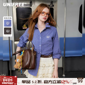 UNIFREE蓝色格子长袖 百搭通勤衬衣 复古高级感miu系时尚 衬衫 女美式