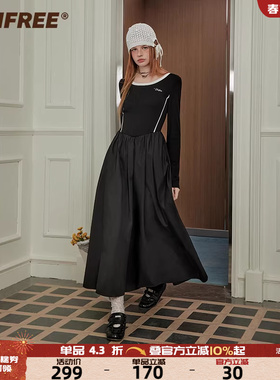 UNIFREE黑色运动长袖连衣裙新款撞色拼接收腰露背性感休闲长款裙