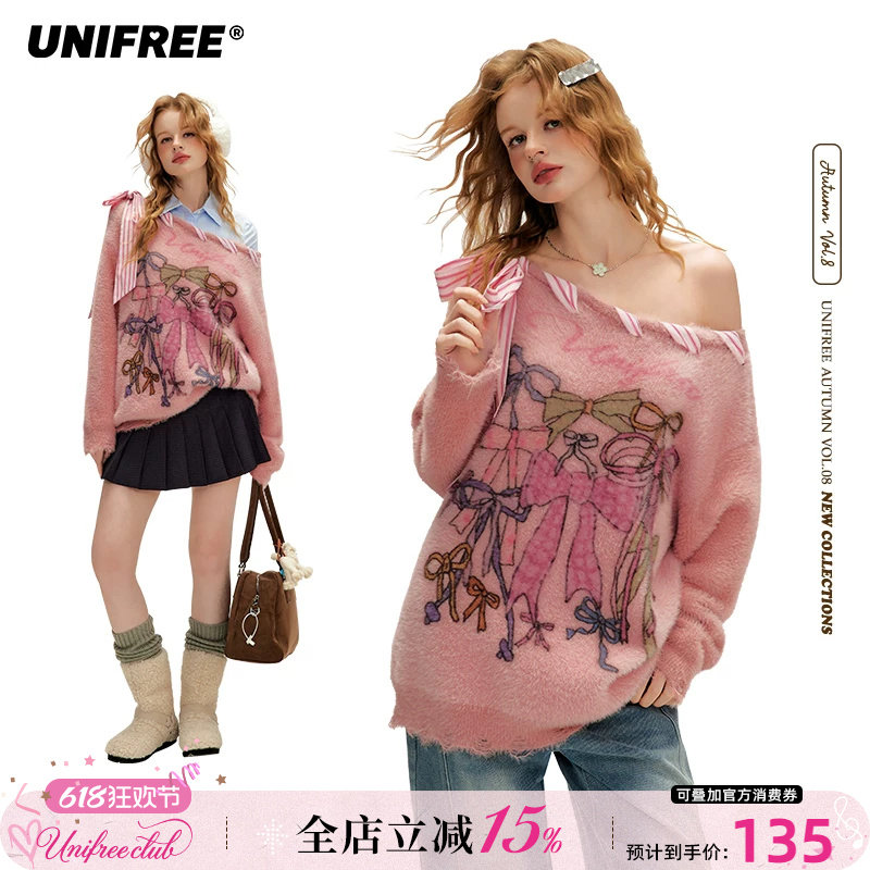 UNIFREE粉色斜肩毛衣蝴蝶结手绘涂鸦宽松软糯慵懒毛边破洞针织衫