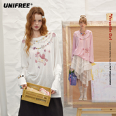 UNIFREE圆领粉色长袖 T恤小马印花26年春宽松薄款 百搭学院慵懒上衣
