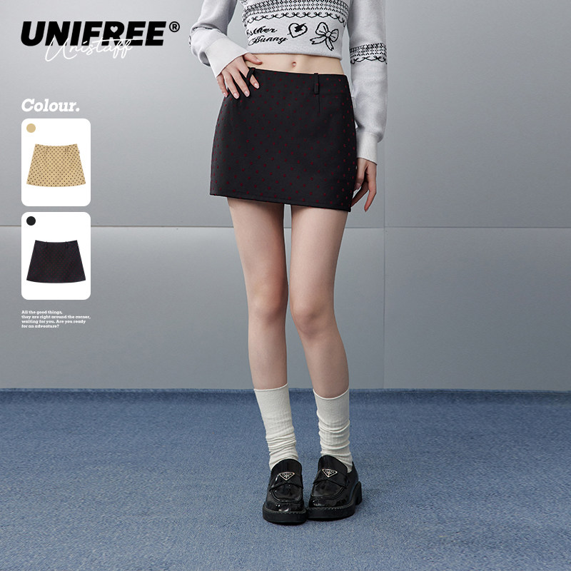 UNIFREE满印花时尚半身裙女新款撞色miu系可爱显瘦百搭包臀短裙子