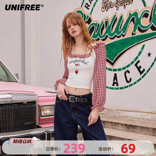 【25年夏】UNIFREE假两件红色格纹长袖T恤拼接撞色挂脖木耳边上衣