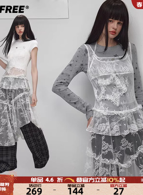 UNIFREE白色短袖连衣裙蕾丝拼接25年秋款性感镂空不规则叠穿裙子