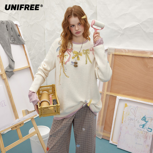 【昕怡粉丝专享】UNIFREE圆领长袖T恤蝴蝶结印花百搭U261G045C1W1