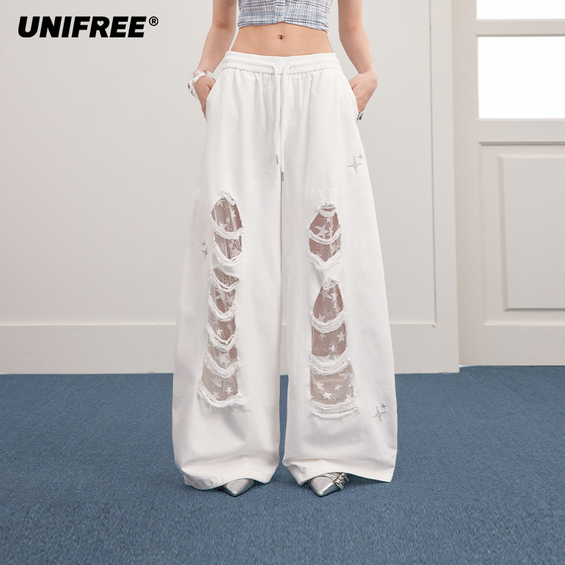 UNIFREE休闲风破洞蕾丝阔腿裤
