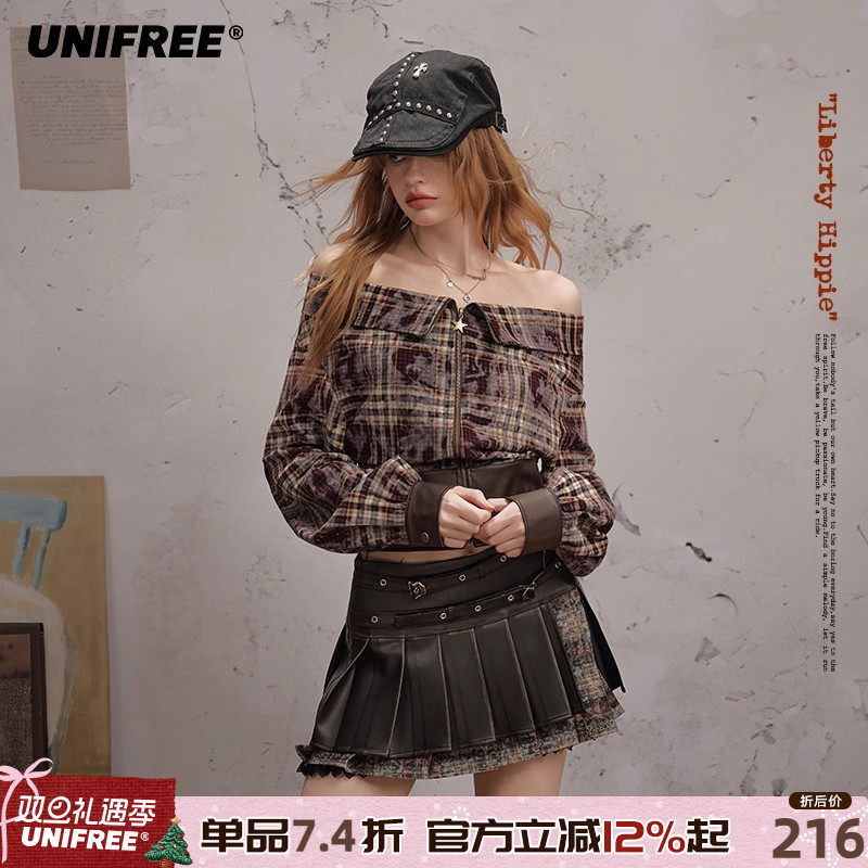 UNIFREE格纹扎染一字肩长袖衬衫